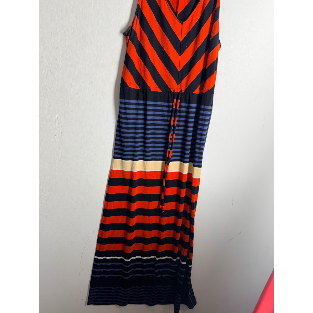 Liz Claiborne Maxi Dress Womens Medium Orange Navy Blue Striped V-Neck Knit